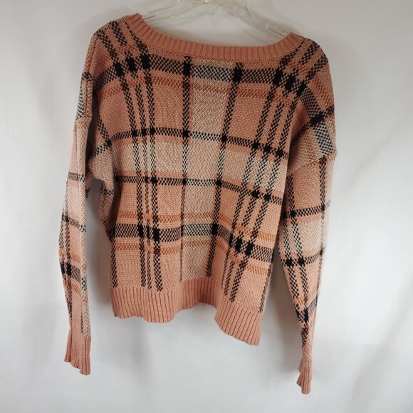 Belle Du Jour Pink Brown Plaid Knit Womens Crop Top Long Slv Sweater V Neck XL - Picture 8 of 10